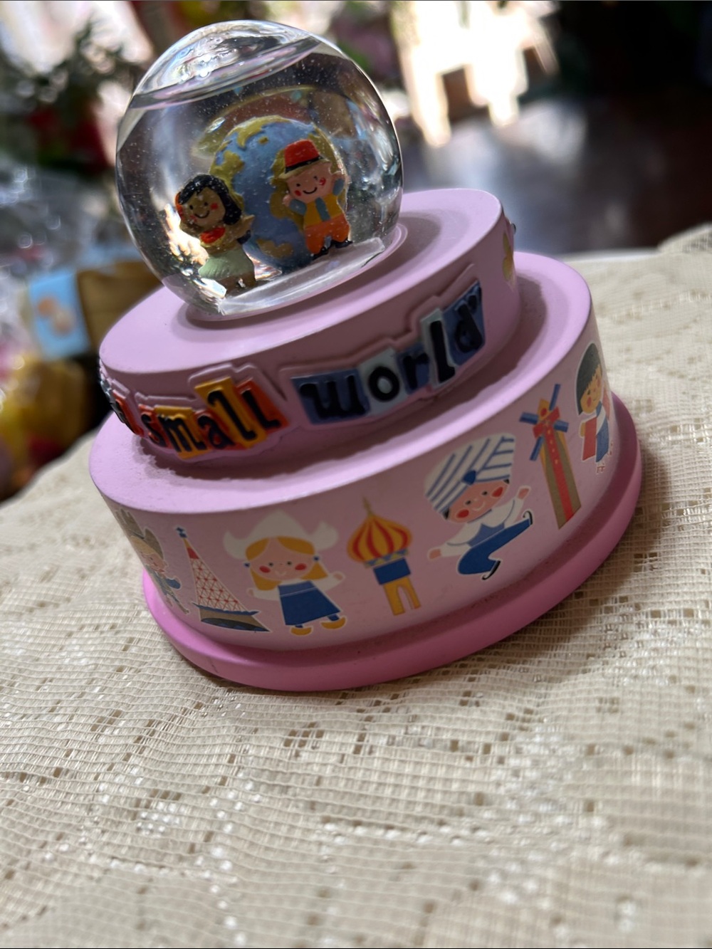 Disney Parks “It’s a Small World” Musical Snow Globe On a Tiered Pink Base - Picture 6 of 8